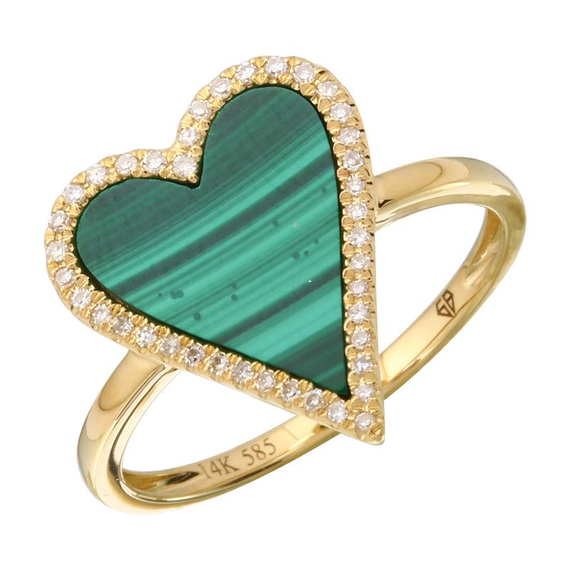 14K Gold Halo Diamond Skinny Heart Gemstone Ring Malachite Yellow Gold Rings by Izakov Diamonds + Fine Jewelry | Izakov