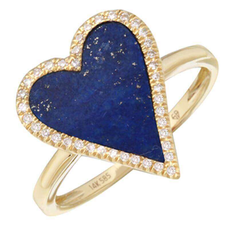 Gold ring with a heart-shaped blue lapis lazuli stone surrounded by diamonds from our exclusive jewelry collection.