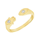 Hamsa Evil Eye Open Diamond Ring by Izakov Fine Jewelry featuring gold design with diamonds on hamsa and evil eye shapes.