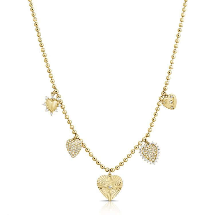 Heart Charms Beaded Ball Diamond Necklace featuring gold heart charms on a delicate beaded ball chain.