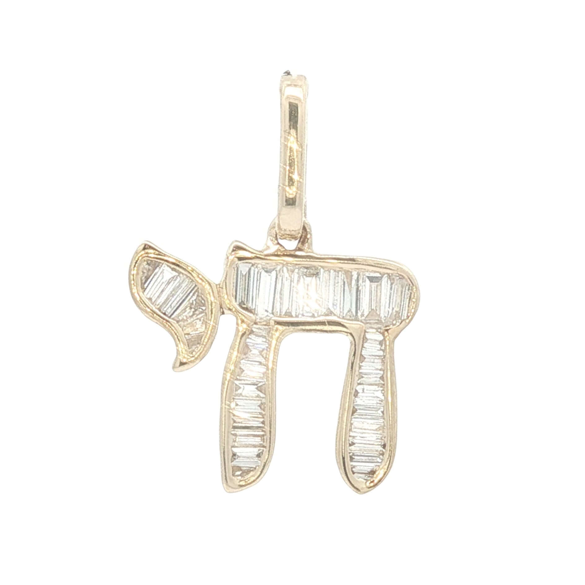 14K Gold Hebrew Chai Baguette Diamond Necklace Charm with radiant baguette diamonds, small size displayed.