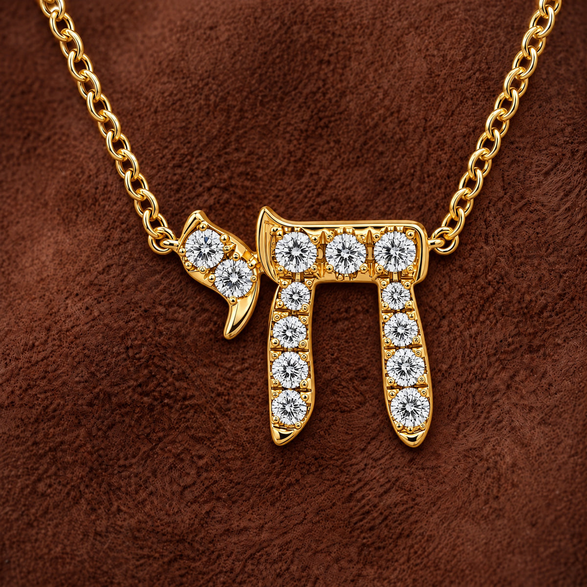 Hebrew Chai Diamond Necklace in 14K yellow gold, styled, Izakov Fine Jewelry