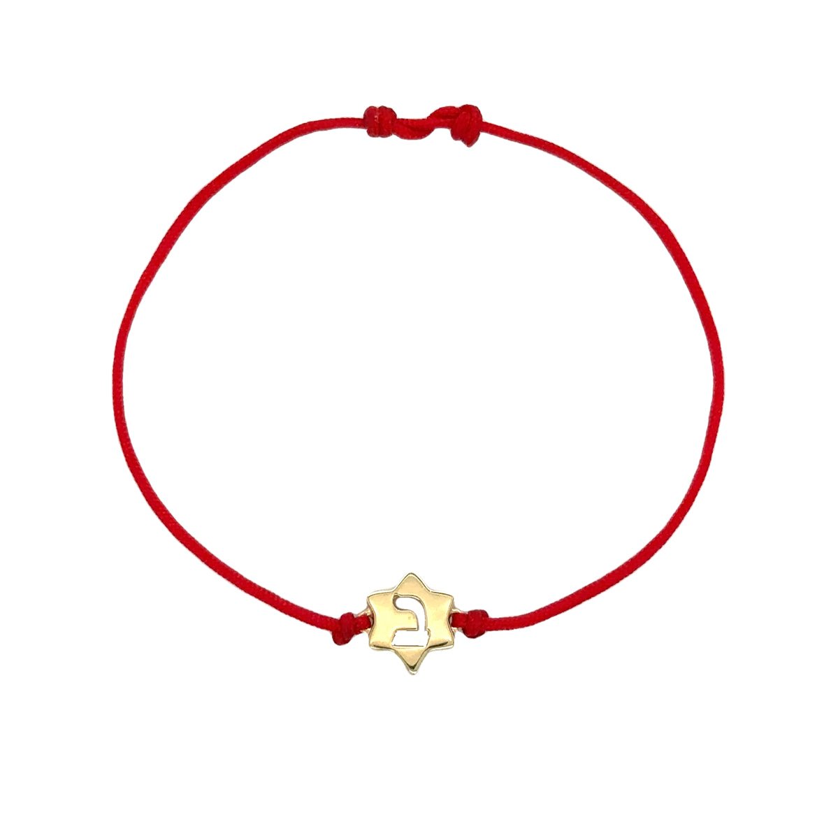 14K Gold Hebrew Initial Cutout Bracelet with Red Cord for Babies