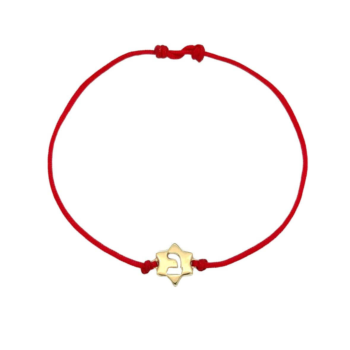 14K gold Hebrew initial cutout baby bracelet with red cord, customizable for your child's unique style.