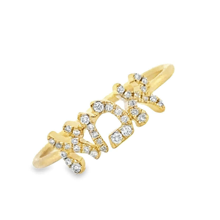 Elegant gold ring with sparkling diamonds spelling "love" from our exclusive jewelry collection