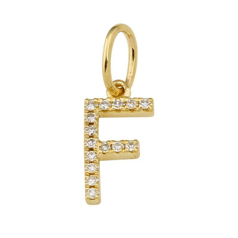 Gold letter F pendant encrusted with diamonds from our exclusive jewelry collection.