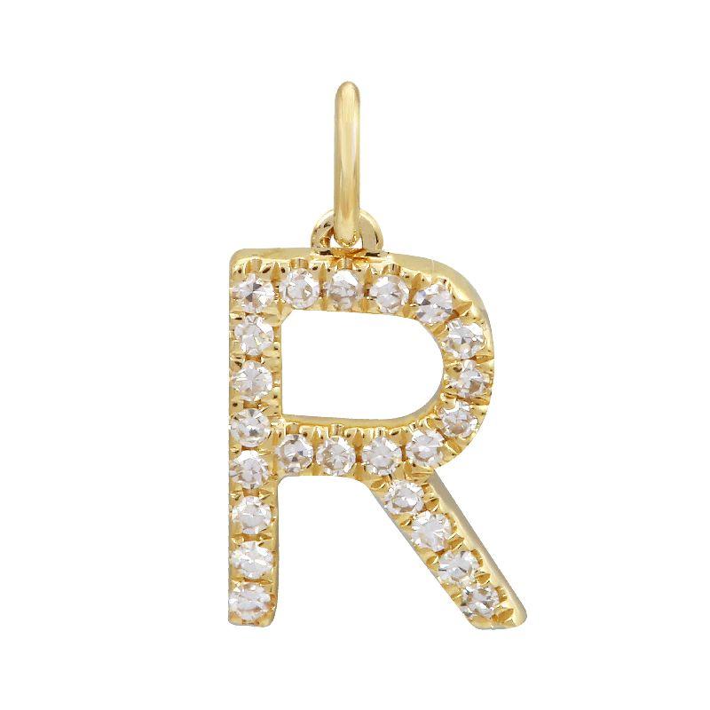 Gold "R" pendant encrusted with diamonds from our luxury jewelry collection.