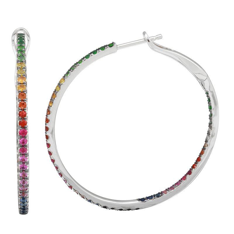 Sterling silver hoop earrings with vibrant rainbow gemstones by our jewelry brand.