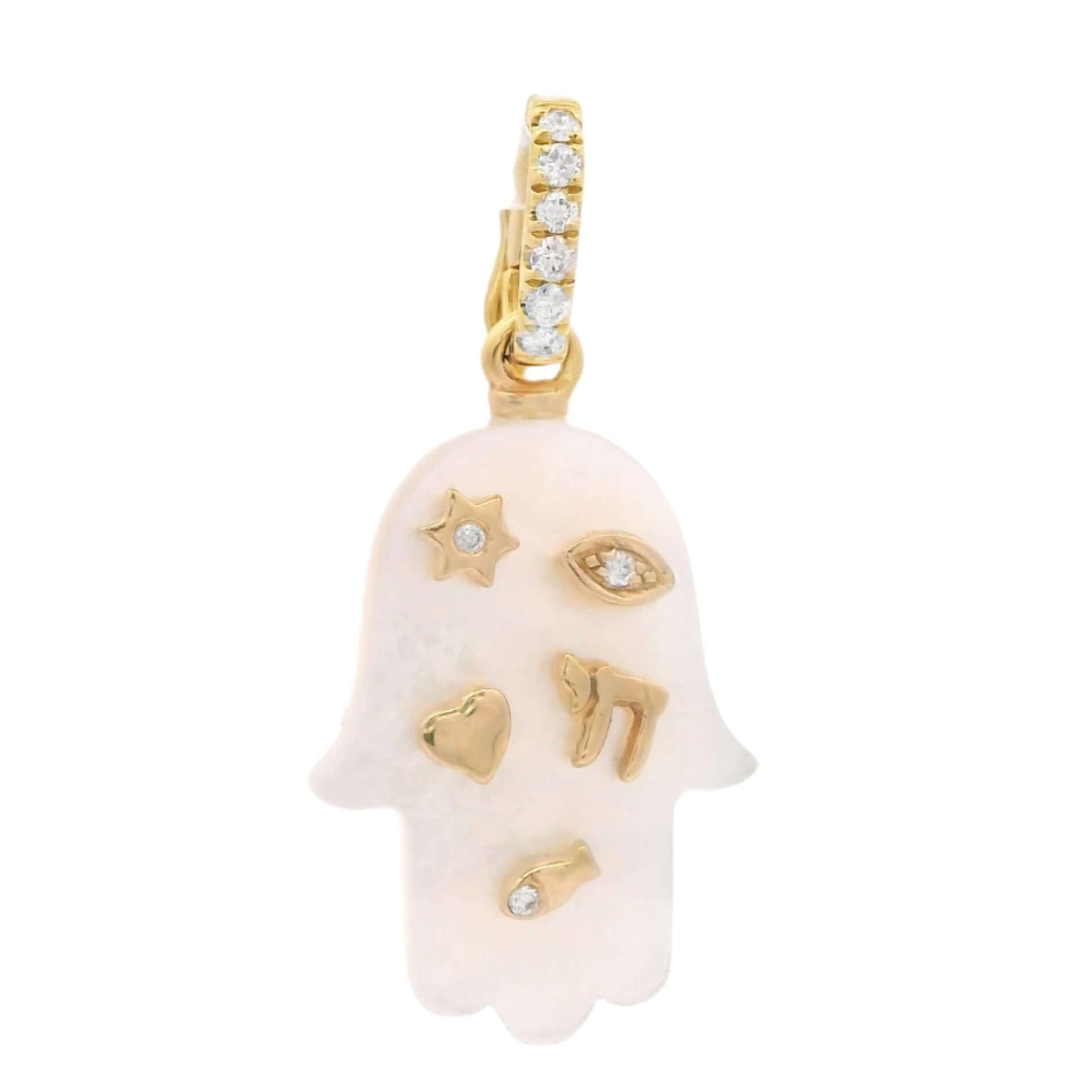 14K gold Hamsa pendant with mother of pearl and diamond-accented Jewish symbols of protection.