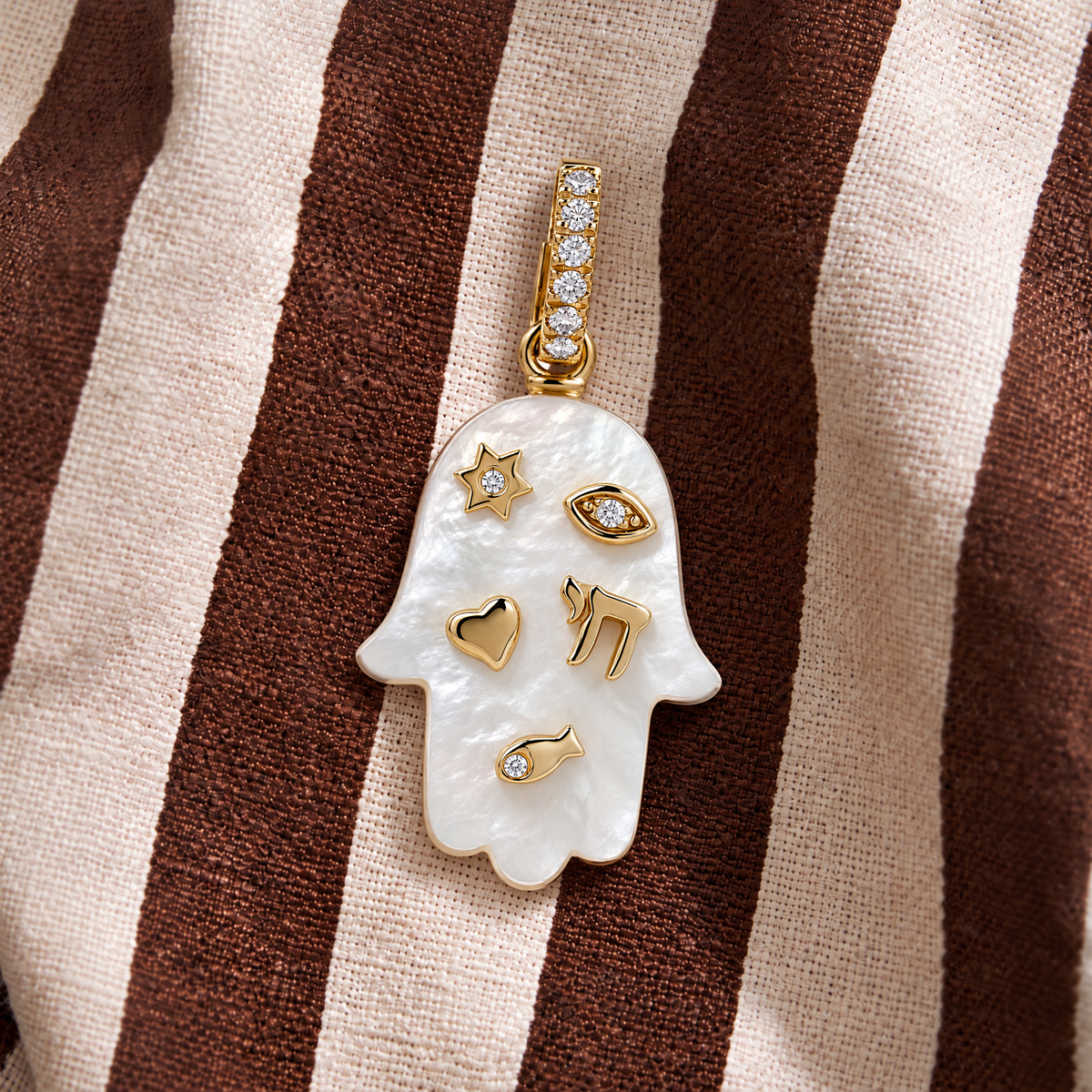 Jewish Charms Hamsa Gemstone Necklace Pendant in 14K yellow gold, styled, Izakov Fine Jewelry
