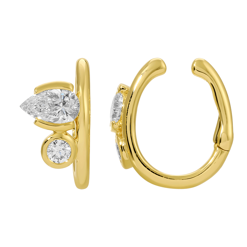14K Gold Lab Grown Pear + Round Diamond Ear Cuff featuring pear and round diamonds in a stylish design.