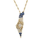 Gold necklace with Israel map pendant featuring blue and white stones, adorned with Star of David - Stylish Jewish jewelry from our brand.