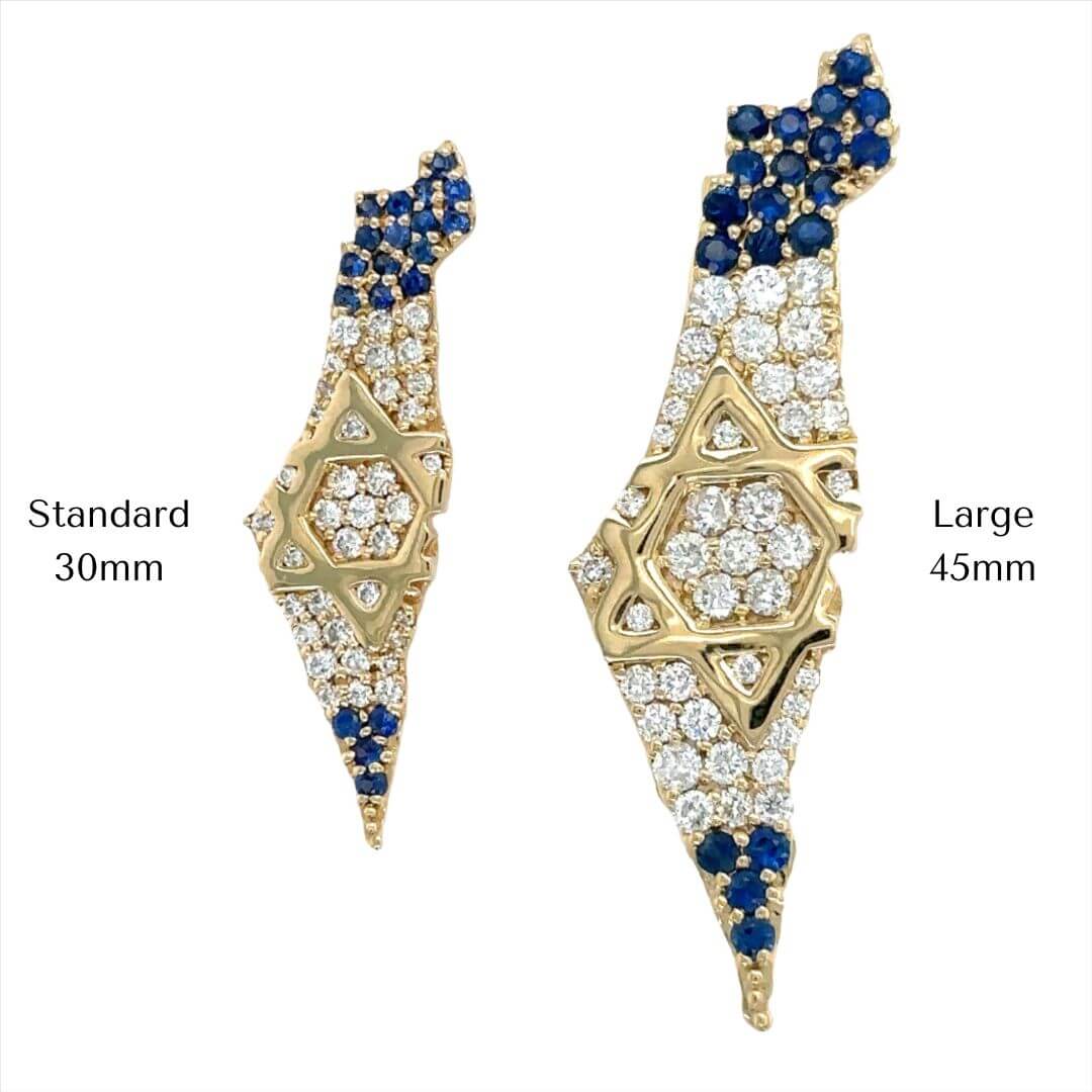 Two Israel-shaped pendants from our jewelry brand adorned with gold, diamonds, and blue sapphires, available in 30mm and 45mm sizes.