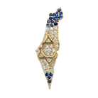 Gold and diamond-studded jewelry piece with blue accents in the shape of Israel, featuring a Star of David.