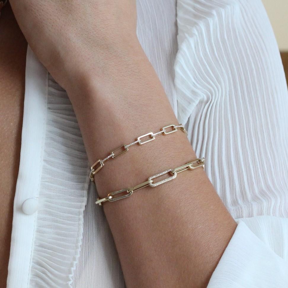 14K Gold Micro Pave Paper Clip Link Chain Bracelet Izakov Diamonds + Fine Jewelry
