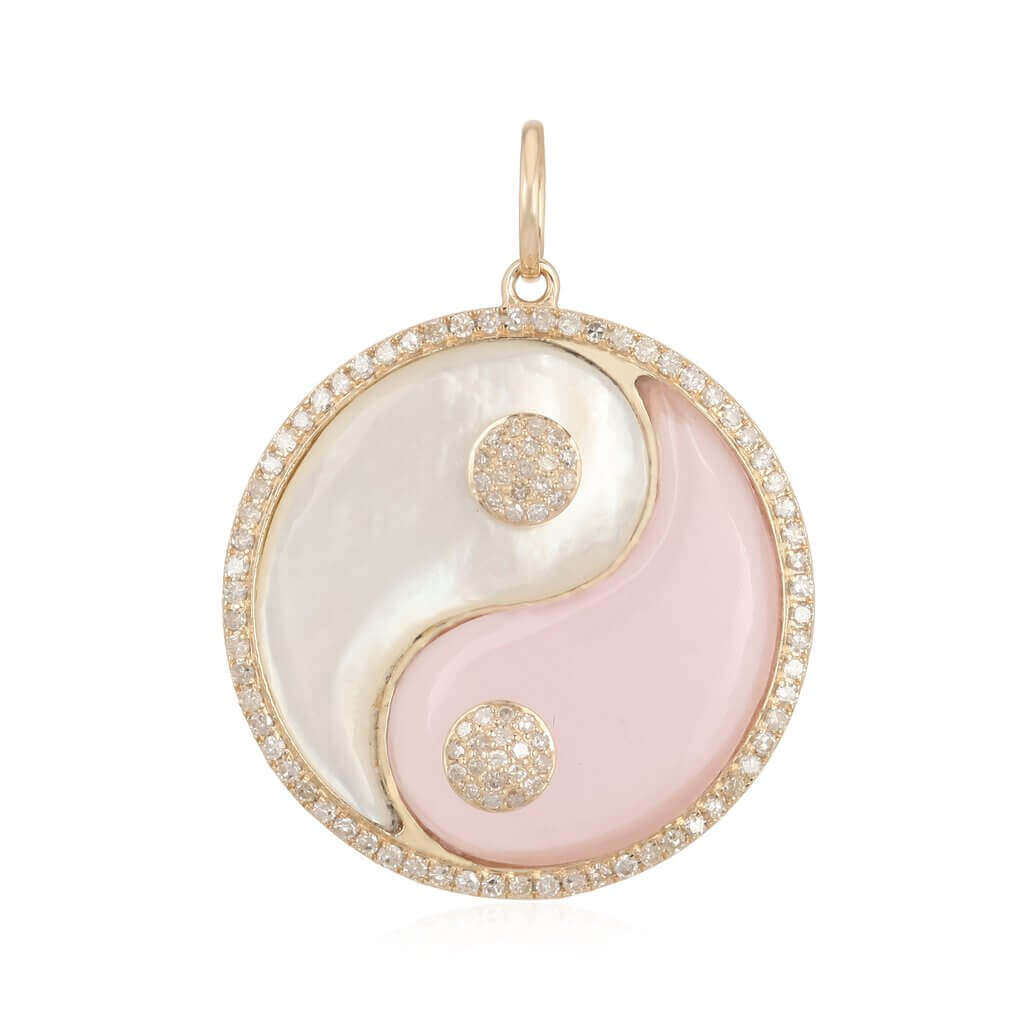 Elegant yin yang pendant with diamonds and pink and white enamel, showcasing the exquisite craftsmanship of our jewelry brand.