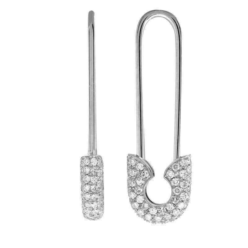 Elegant safety pin inspired earrings with sparkling gemstones by our jewelry brand.