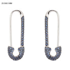 Silver safety pin earrings adorned with blue gemstones, luxury jewelry brand design, 25.5x8.5 mm