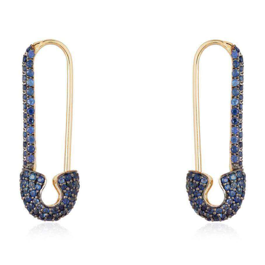 Elegant gold safety pin earrings with blue diamonds from our exclusive jewelry collection