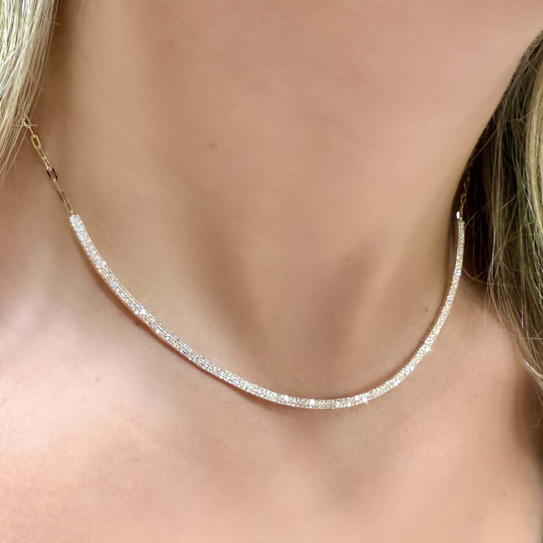 14K Gold Micro Pave Diamond Bar Cable Link Necklace showcasing sparkling diamonds on a delicate chain.