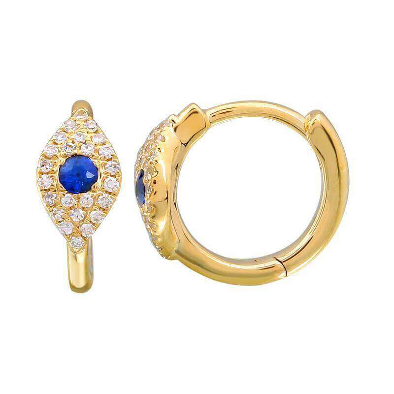 Gold hoop earrings featuring blue sapphire center stones with a halo of diamonds from our luxury jewelry collection