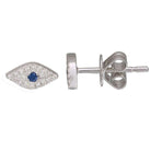 Silver evil eye stud earrings with sparkling diamonds and a central blue sapphire for jewelry by our brand.