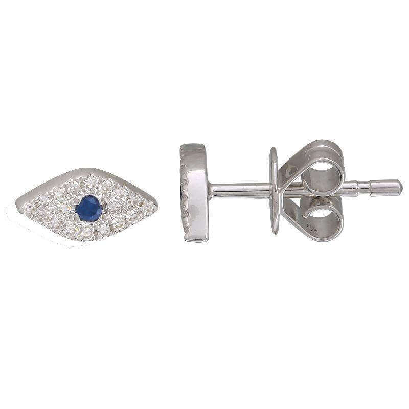 Silver evil eye stud earrings with sparkling diamonds and a central blue sapphire for jewelry by our brand.