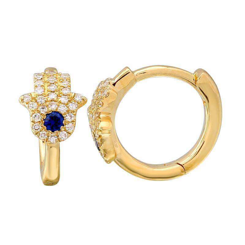 Gold hoop earrings with blue sapphire center and diamond accents from our luxury jewelry collection.