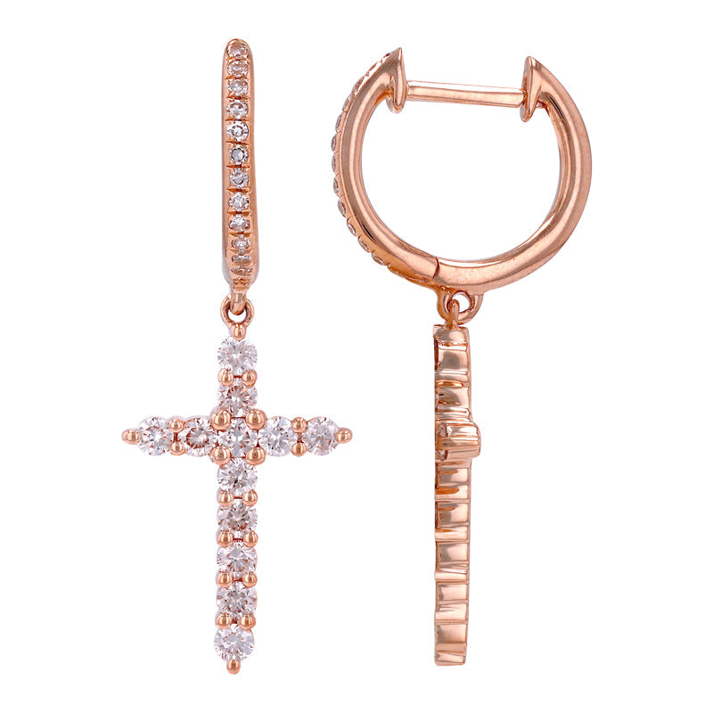 14K Gold Micro Pave Diamond Cross Dangling Huggie Earrings L Pair Rose Gold Earrings by Izakov Diamonds + Fine Jewelry | Izakov