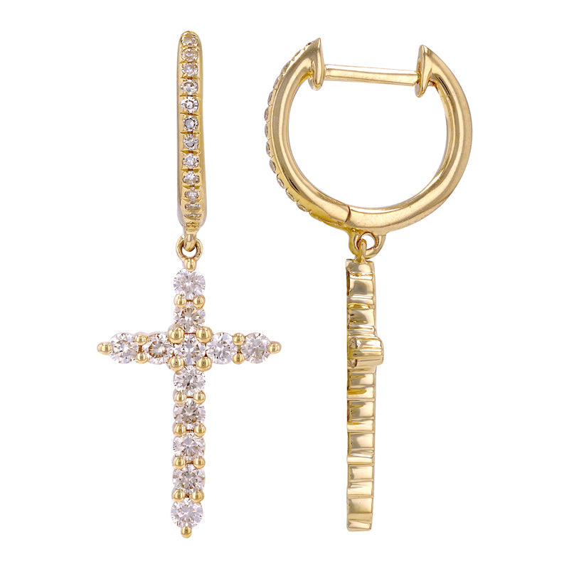 14K Gold Micro Pave Diamond Cross Dangling Huggie Earrings L Pair Yellow Gold Earrings by Izakov Diamonds + Fine Jewelry | Izakov