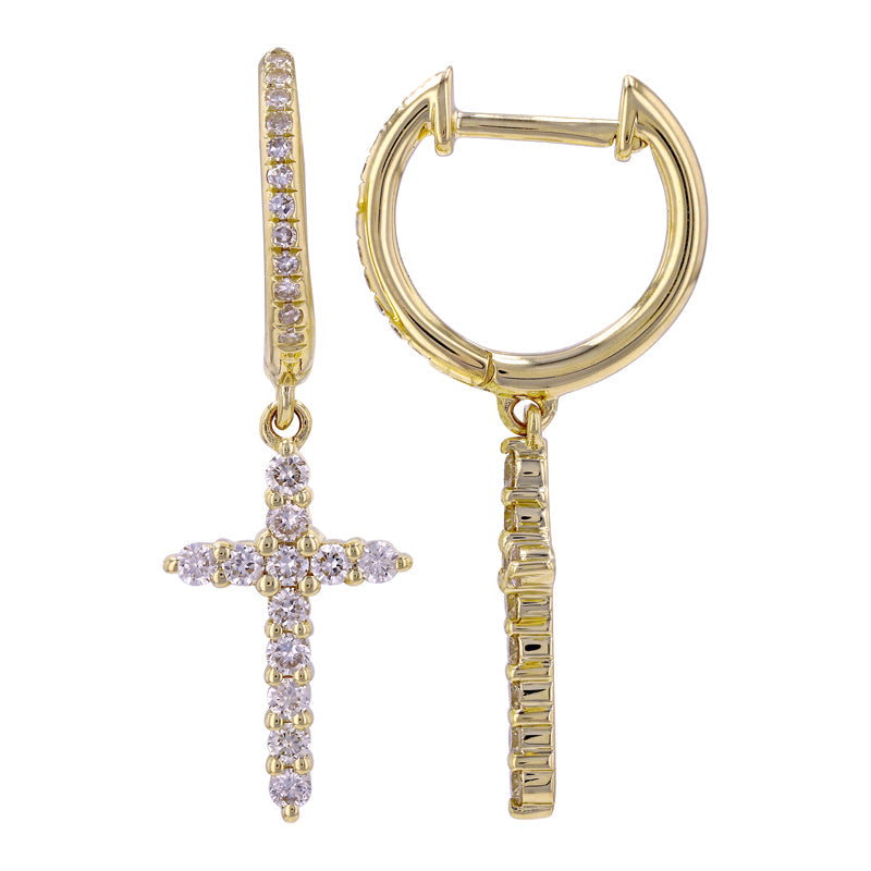 14K Gold Micro Pave Diamond Cross Dangling Huggie Earrings M Pair Yellow Gold Earrings by Izakov Diamonds + Fine Jewelry | Izakov