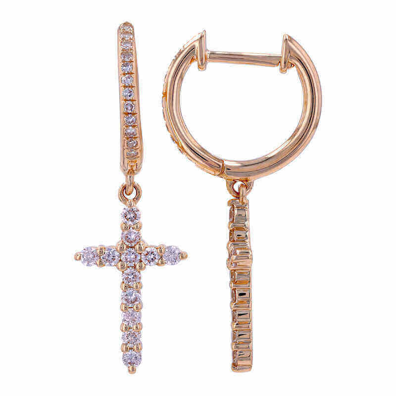 Elegant rose gold hoop earrings with diamond-studded cross charm from our exclusive jewelry collection.