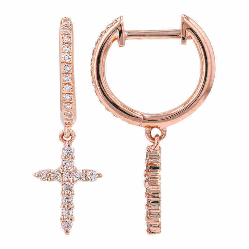 Rose gold hoop earrings with diamond cross charm from our jewelry brand