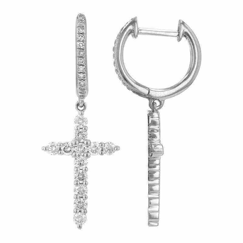 Sterling silver cross hoop earrings with sparkling diamonds from our luxury jewelry collection. Ideal for elegance and religious symbolism.