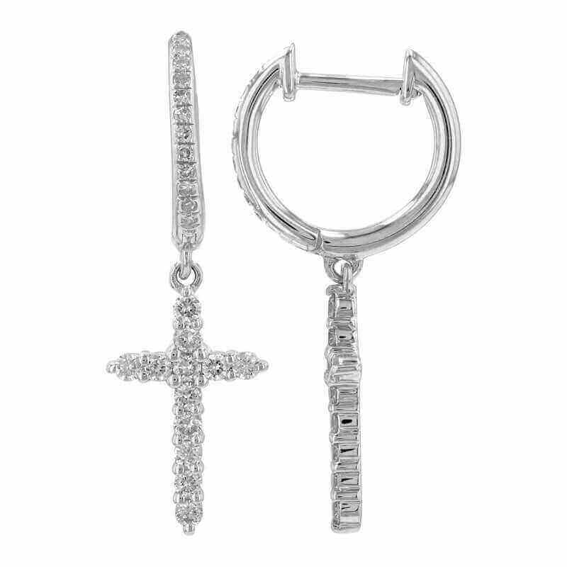 Silver hoop earrings with sparkling diamond cross pendants for a luxurious, elegant look.