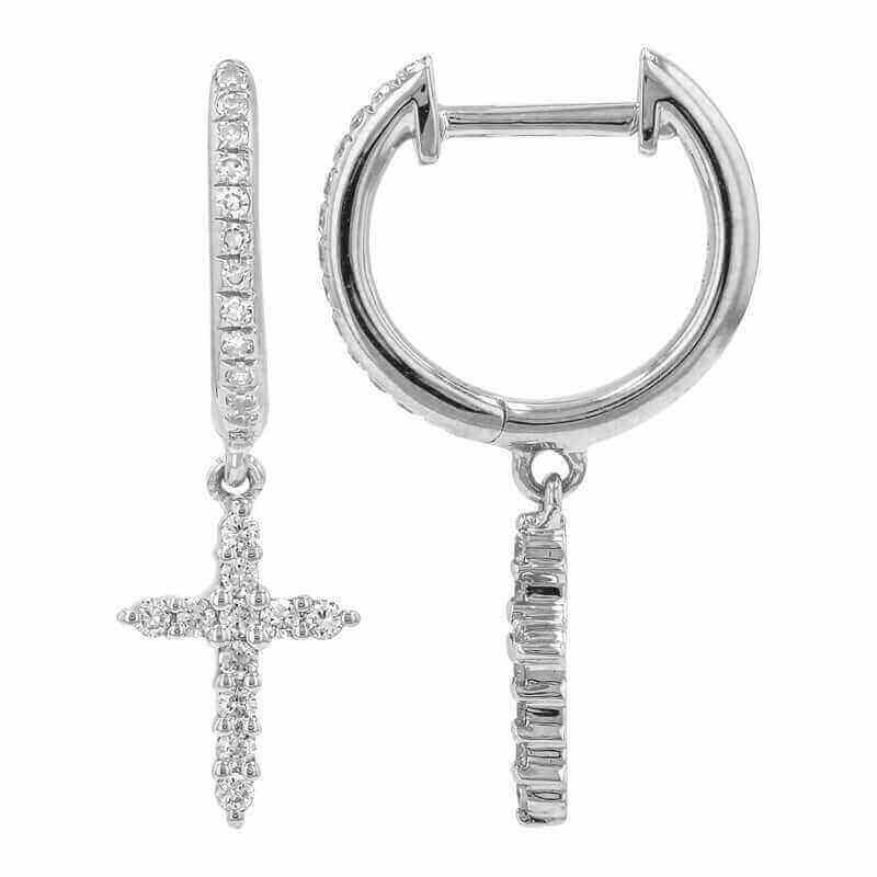 Elegant sterling silver hoop earrings with cross drop, adorned with sparkling diamonds, perfect for a refined jewelry collection.