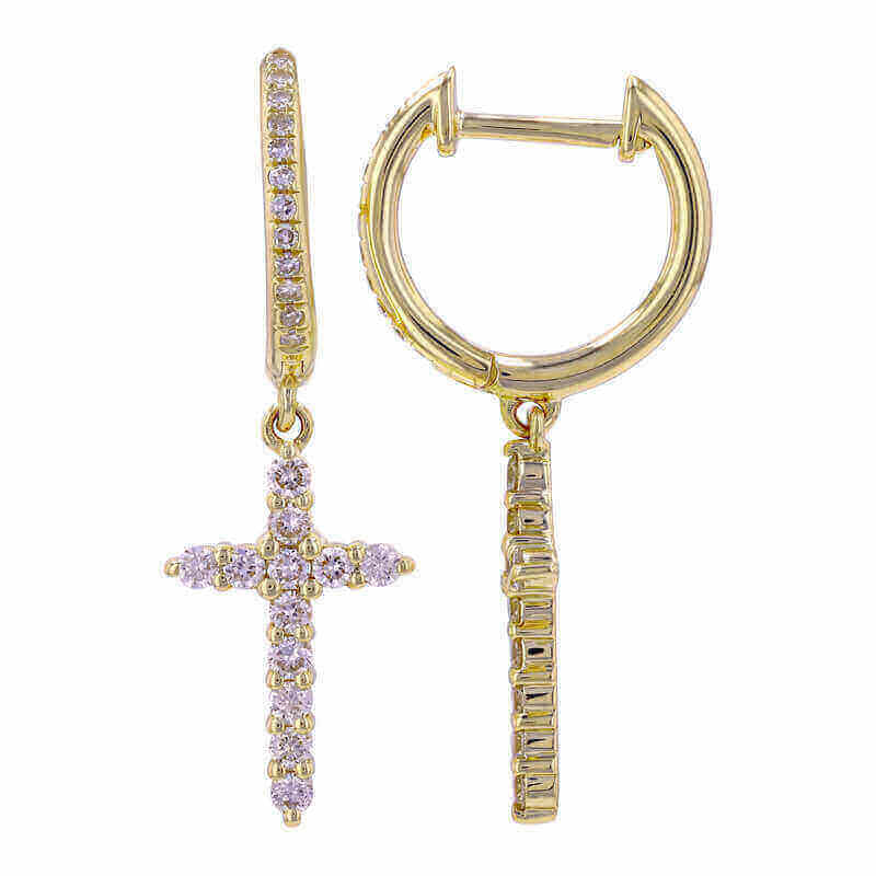 Diamond Cross Guys Dangle Cross Earring 14K Gold Micro Pave