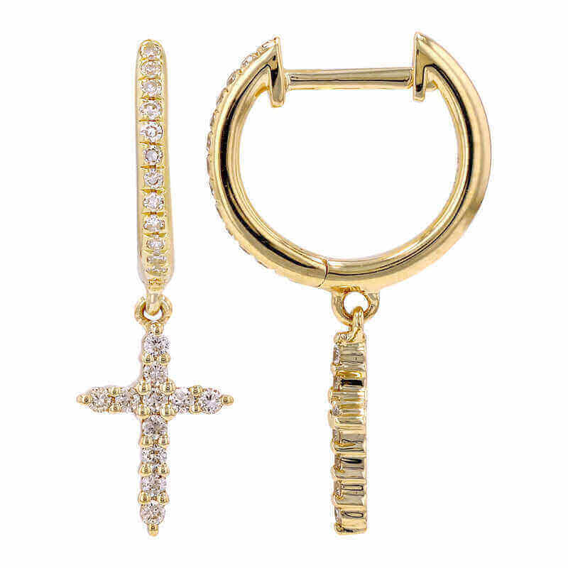 Gold hoop earrings with diamond cross pendants from our exclusive jewelry collection.