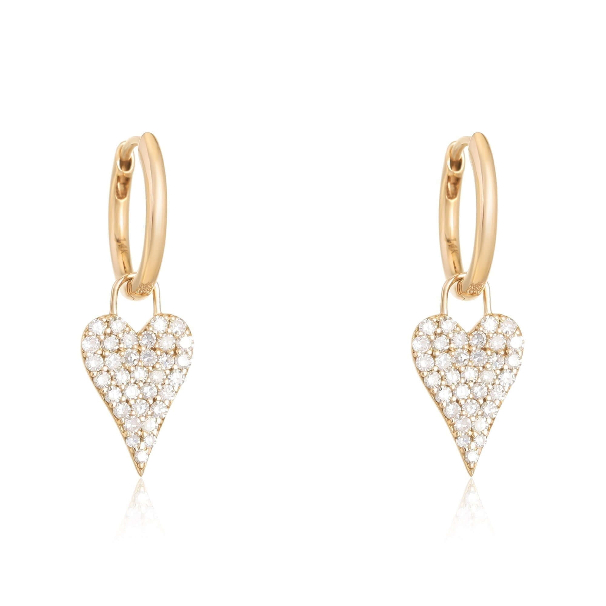 Gold hoop earrings with diamond-studded heart pendants from our luxury jewelry collection