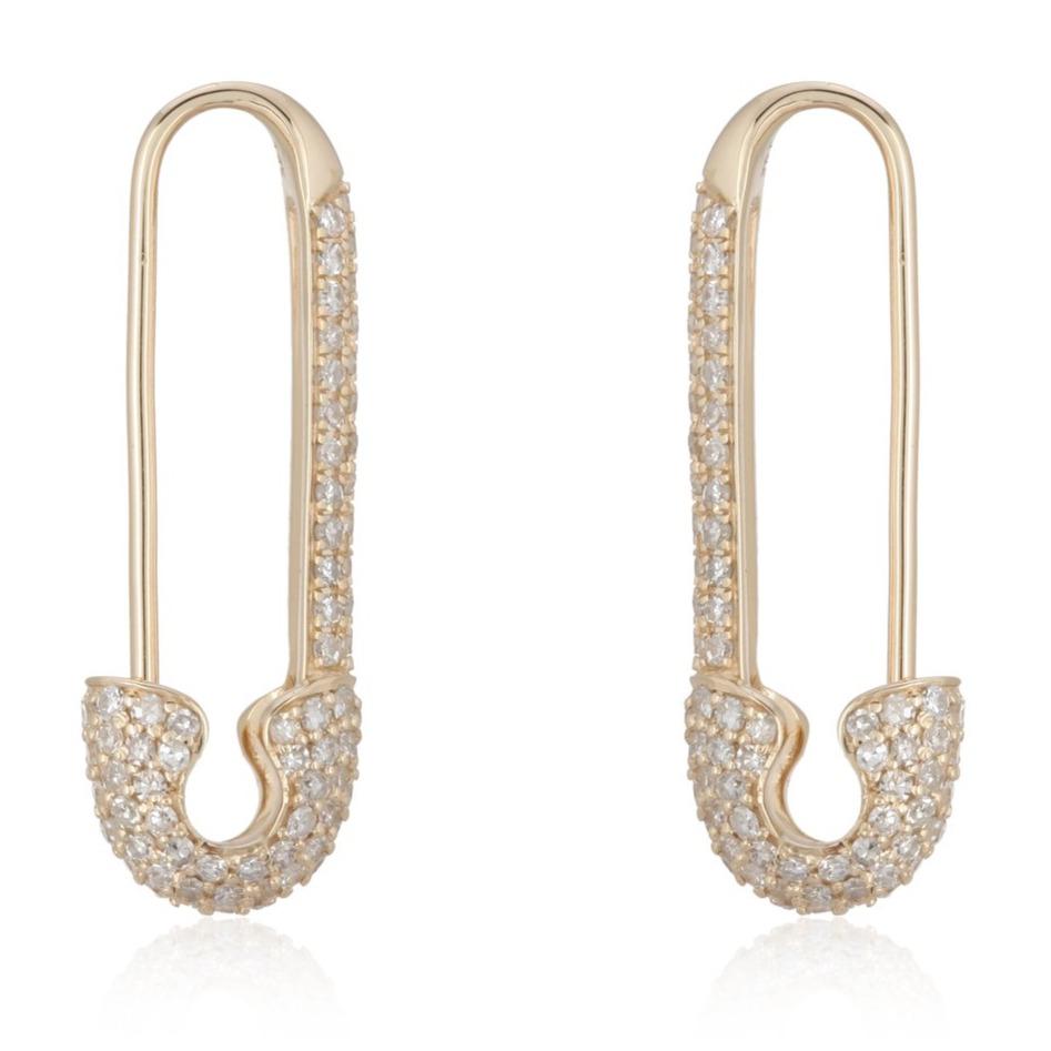 Gold safety pin earrings with diamond accents from our luxury jewelry collection