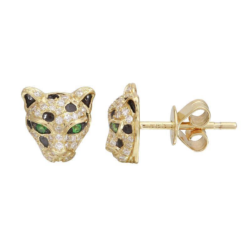 Gold leopard stud earrings with emerald eyes and black spots from our jewelry collection.