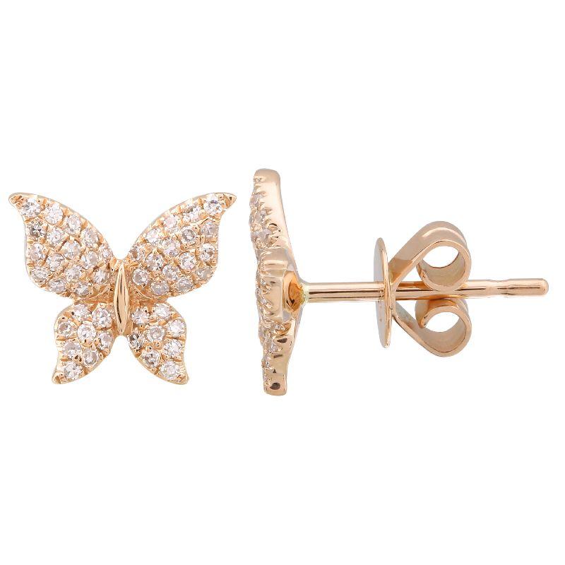 Elegant butterfly-shaped earrings with sparkling diamonds in rose gold, perfect for adding a touch of luxury to your jewelry collection.