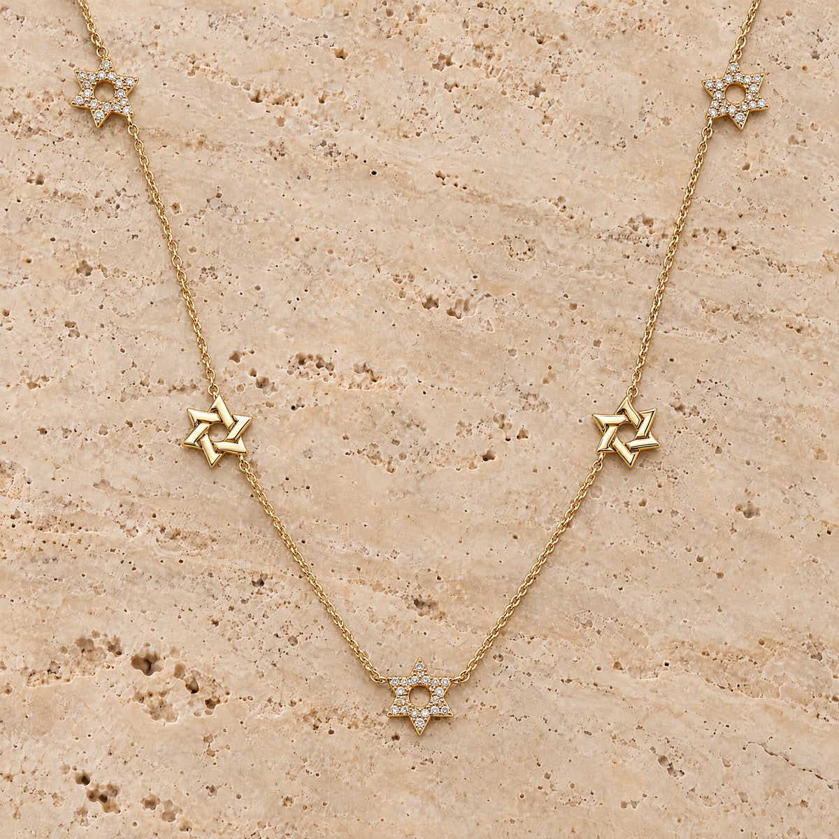 Stars of David Station Diamond Necklace in 14K yellow gold, styled, Izakov Fine Jewelry