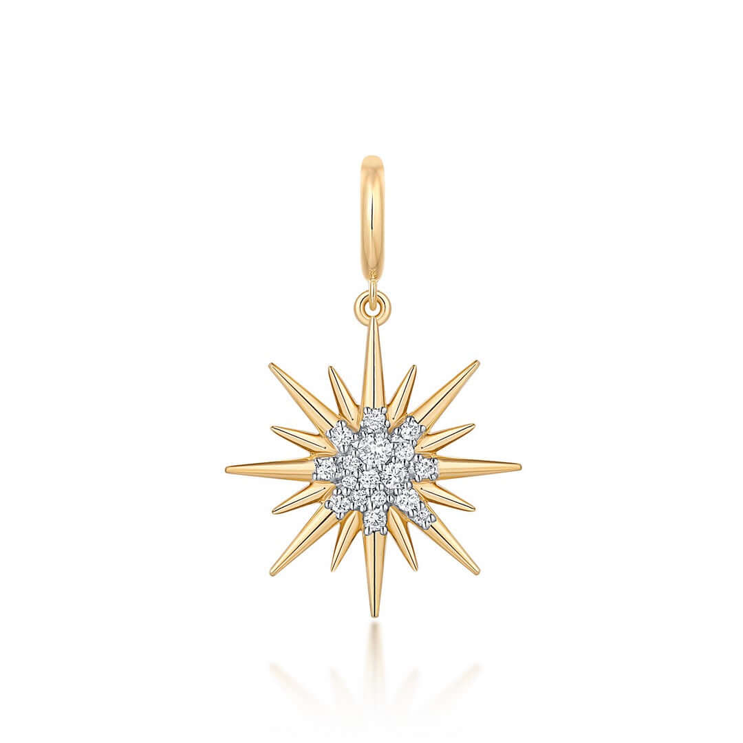14K Gold Micro Pave Diamond Sunburst Pendant with sparkly diamond details in a stunning gold setting.