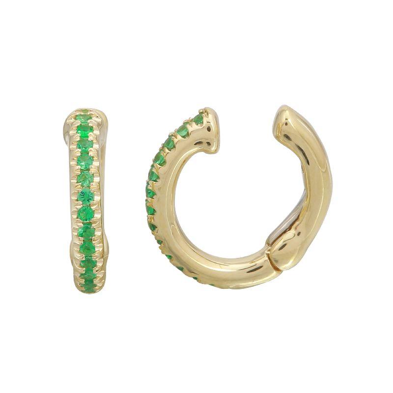 Elegant gold hoop earrings adorned with green gemstones from our exclusive jewelry collection.