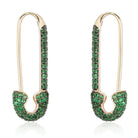 Gold safety pin earrings adorned with green gemstones from our jewelry brand collection.