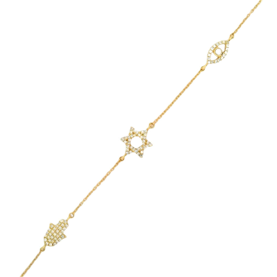 14K gold hand chain featuring micro pave Hamsa Evil Eye and Star of David designs, elegant spiritual jewelry.