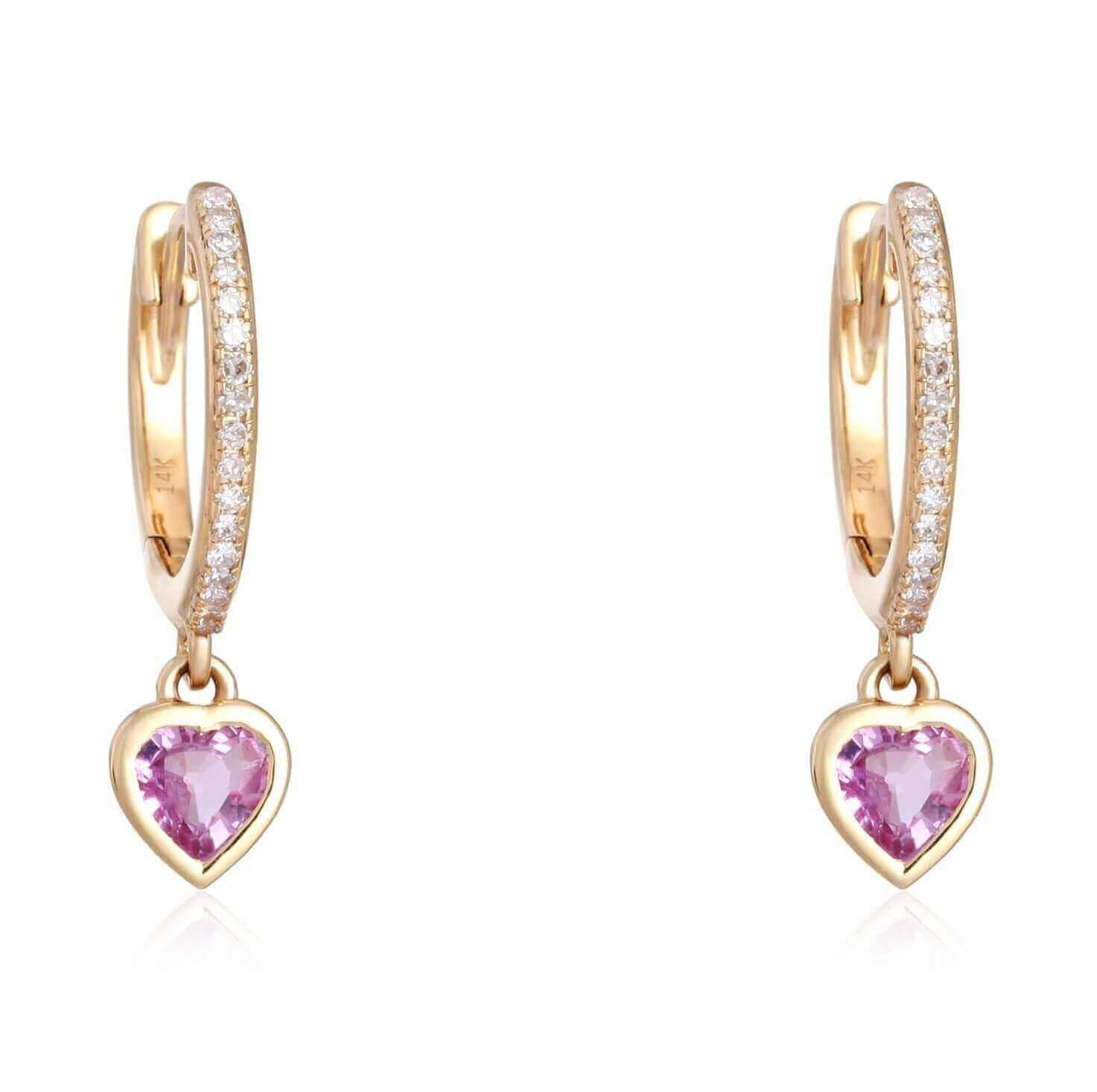 Elegant gold hoop earrings with sparkling diamonds and heart-shaped pink gemstones, luxurious jewelry from our collection