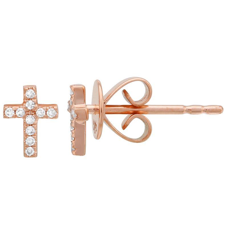 Rose gold cross stud earrings with diamond accents from our handcrafted jewelry collection.