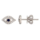 Sterling silver eye-shaped earrings with sapphire center and halo of diamonds for stylish jewelry collections.